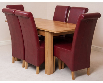 Hampton 120cm - 160cm Oak Extending Dining Table and 6 Chairs Dining Set with Montana Burgundy Leather Chairs