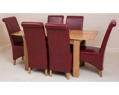 Hampton 120cm - 160cm Oak Extending Dining Table and 6 Chairs Dining Set with Montana Burgundy Leather Chairs
