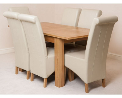 Hampton 120cm - 160cm Oak Extending Dining Table and 6 Chairs Dining Set with Montana Ivory Leather Chairs