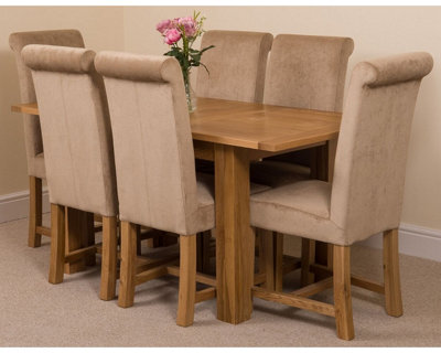 Hampton 120cm - 160cm Oak Extending Dining Table and 6 Chairs Dining Set with Washington Beige Fabric Chairs