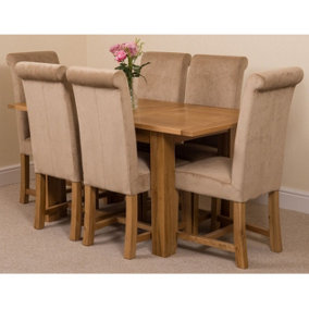 Hampton 120cm - 160cm Oak Extending Dining Table and 6 Chairs Dining Set with Washington Beige Fabric Chairs