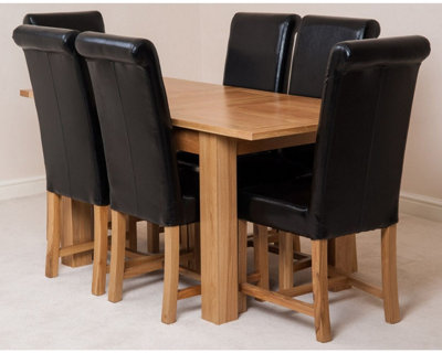 Hampton 120cm - 160cm Oak Extending Dining Table and 6 Chairs Dining Set with Washington Black Leather Chairs