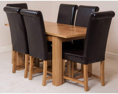 Hampton 120cm - 160cm Oak Extending Dining Table and 6 Chairs Dining Set with Washington Brown Leather Chairs