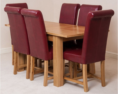 Hampton 120cm - 160cm Oak Extending Dining Table and 6 Chairs Dining Set with Washington Burgundy Leather Chairs