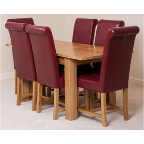 Hampton 120cm - 160cm Oak Extending Dining Table and 6 Chairs Dining Set with Washington Burgundy Leather Chairs