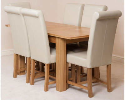 Hampton 120cm - 160cm Oak Extending Dining Table and 6 Chairs Dining Set with Washington Ivory Leather Chairs