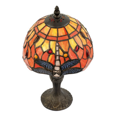 Hand Crafted Orange and Amber Stained Glass Dragonfly Tiffany Lamp