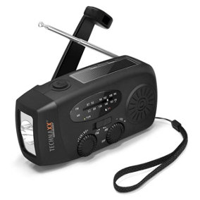 Hand Crank or Solar Powered Radio & Torch with Super Bright LED's, Hand Strap & Power Bank Function - H6.2 x W13 x D4.9cm