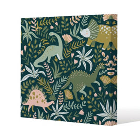 Hand drawn dinosaurs and tropical leaves and flowers. (Canvas Print) / 101 x 101 x 4cm