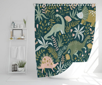 Hand Drawn Dinosaurs And Tropical Leaves And Flowers Shower Curtain   Hand Drawn Dinosaurs And Tropical Leaves And Flowers Shower Curtain Default Title~5063169002501 01c MP