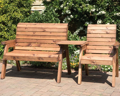 Hand Made 3 Seater Chunky Rustic Wooden Garden Furniture Companion Set with Straight tray