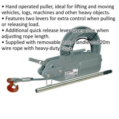 Hand Operated Wire Rope Puller - 3200kg Max Line Force - Quick Release Lever
