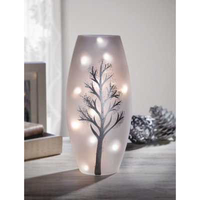 Hand Painted LED Glass Vase with Shimmering Winter Tree Design Measures H22.5cm x 11cm