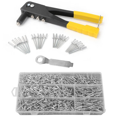 Hand Pop Rivet Gun Tool Kit 1000 Assorted Rivets 4 Nozzle Head Sizes
