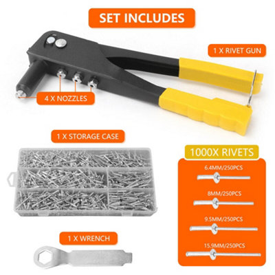 Hand Pop Rivet Gun Tool Kit 1000 Assorted Rivets 4 Nozzle Head Sizes
