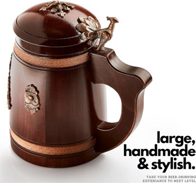 Handcrafted Oak Wooden Tankard Mug with Lid - Pint Capacity 0.88/0.5L - Stunning Medieval Tankard Gift - Unique Viking Style Stein