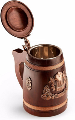 Handcrafted Oak Wooden Tankard Mug with Lid - Unique Viking Style Stein - Pint Capacity (0.88/0.5L) Stunning Medieval Tankard Gift