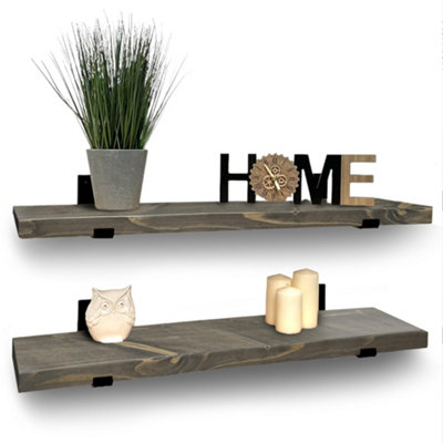 Handcrafted Rustic Wooden Floating Shelves with L-Brackets - Set of 2 (60cm) Driftwood Grey - Perfect for Kitchen, Living Room