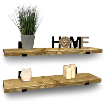 Handcrafted Rustic Wooden Floating Shelves with L-Brackets - Set of 2 (80cm) Dark Oak