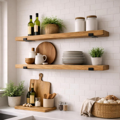 Picture of Handcrafted Rustic Wooden Wall-Mounted Floating Shelves with Black L ...