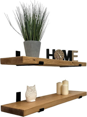 Handcrafted Rustic Wooden Wall-Mounted Floating Shelves with Black L Brackets, Kitchen Living Room Decor(Set of 2, 140 cm Long)