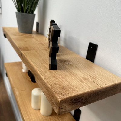 Handcrafted Rustic Wooden Wall Mounted Floating Shelves with Black L Brackets Kitchen Living Room Decor Set