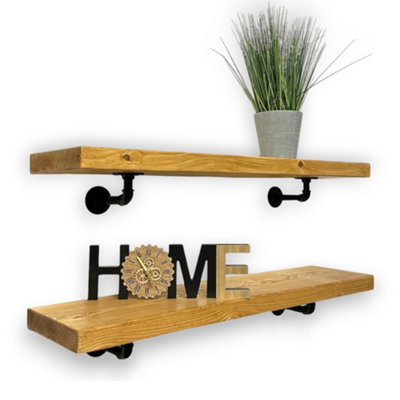 Handcrafted Rustic Wooden WallMounted Floating Shelves with Pipe