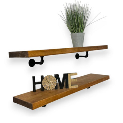 Handcrafted Rustic Wooden WallMounted Floating Shelves with Pipe