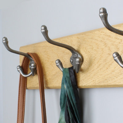 Handcrafted Solid Oak Coat Rack with Cast Iron 1883 Triple Hooks 600mm - 4 Hooks