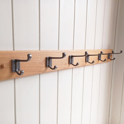 Handcrafted Solid Oak Coat Rack with Cast Iron Hooks 900mm - 6 Hooks - 3