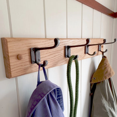 Handcrafted Solid Oak Coat Rack with Cast Iron Hooks 900mm - 6 Hooks - 4