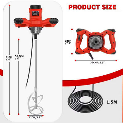 Handheld Concrete Mixer Electric Stirrer, Mixing Rod Tool, Red Paddle Mixer