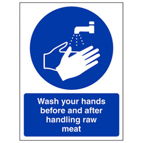 Handling Raw Meat Wash Hands Sign - Rigid Plastic - 150x200mm (x3)