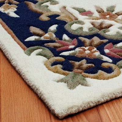 Handmade Borderded Floral Easy to Clean Cream Blue Traditional Wool Rug for Living Room & Bedroom-160cm X 235cm