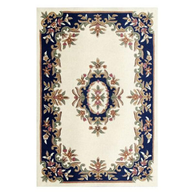 Handmade Borderded Floral Easy to Clean Cream Blue Traditional Wool Rug for Living Room & Bedroom-200cm X 285cm