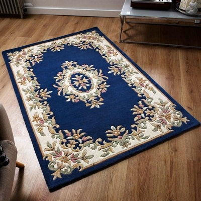 Handmade Bordered Easy to Clean Royal Blue Traditional Floral Wool Rug for Living Room & Bedroom-160cm X 235cm