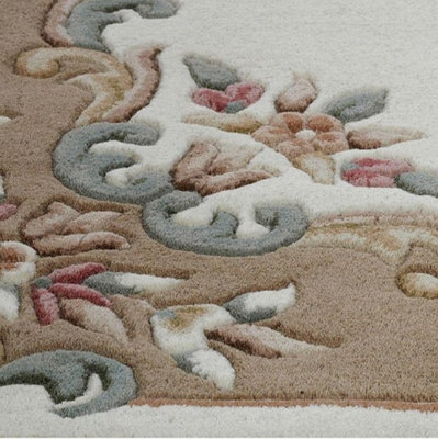 Handmade Bordered Floral Easy to Clean Cream Beige Traditional Wool Rug for Living Room & Bedroom-160cm X 235cm