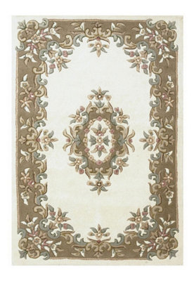 Handmade Bordered Floral Easy to Clean Cream Beige Traditional Wool Rug for Living Room & Bedroom-160cm X 235cm