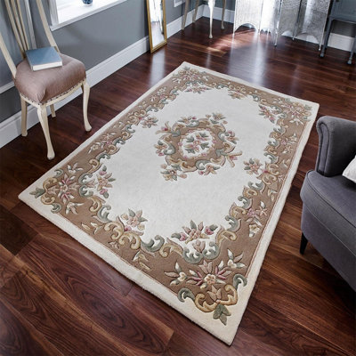 Handmade Bordered Floral Easy to Clean Cream Beige Traditional Wool Rug for Living Room & Bedroom-80cm X 150cm