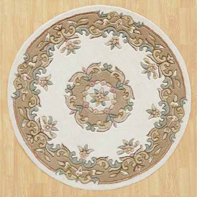Handmade Bordered Floral Easy to Clean Cream Beige Traditional Wool Rug for Living Room & Bedroom-80cm X 150cm