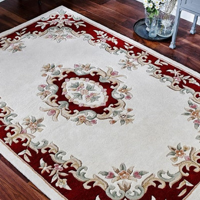 Handmade Bordered Floral Easy to Clean Cream Red Traditional Wool Rug ...