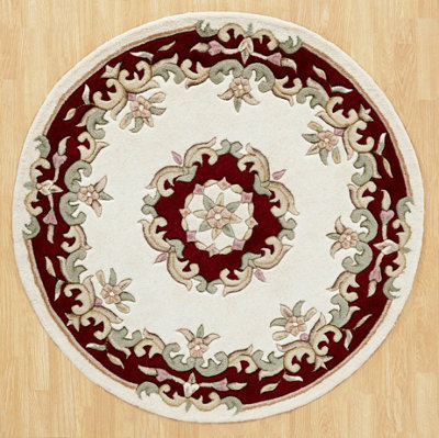 Handmade Bordered Floral Easy to Clean Cream Red Traditional Wool Rug ...