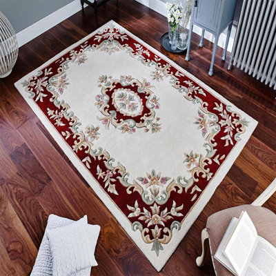 Handmade Bordered Floral Easy to Clean Cream Red Traditional Wool Rug for Living Room & Bedroom-80cm X 150cm