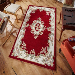 Handmade Bordered Floral Wool Easy to Clean Red Traditional Rug for Living Room & Bedroom-120cm X 180cm