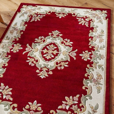 Handmade Bordered Floral Wool Easy to Clean Red Traditional Rug for Living Room & Bedroom-160cm X 235cm