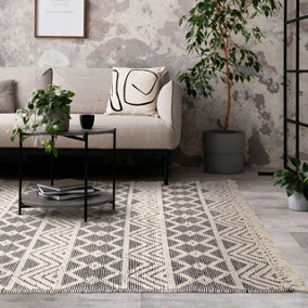Handmade Easy to Clean Kilim Modern Wool Black Geometric Striped Wool Rug for Living Room & Bedroom-120cm X 170cm