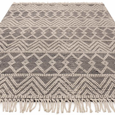 Handmade Easy to Clean Kilim Modern Wool Black Geometric Striped Wool Rug for Living Room & Bedroom-200cm X 290 cm