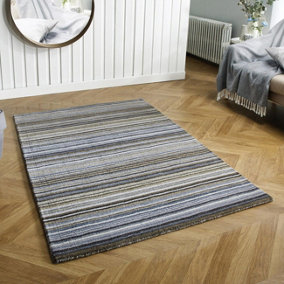 Handmade Easy to Clean Luxurious Modern Striped Grey Wool Rug for Living Room & Bedroom-120cm X 170cm