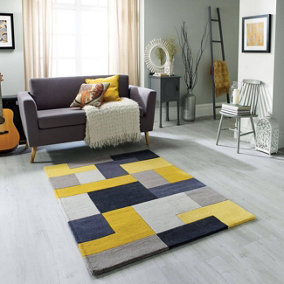 Handmade Easy to Clean Luxurious Modern Yellow Geometric Wool Rug for Living Room & Bedroom-120cm X 170cm