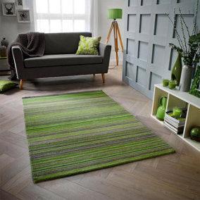 Handmade Easy to Clean Modern Striped Green Wool Rug for Living Room & Bedroom-120cm X 170cm